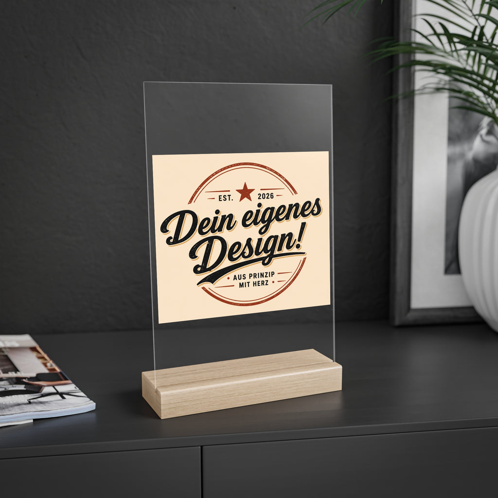 Acrylic Desk Sign with Wooden Stand – Customizable Display Plaque (Dein eigenes Design!)