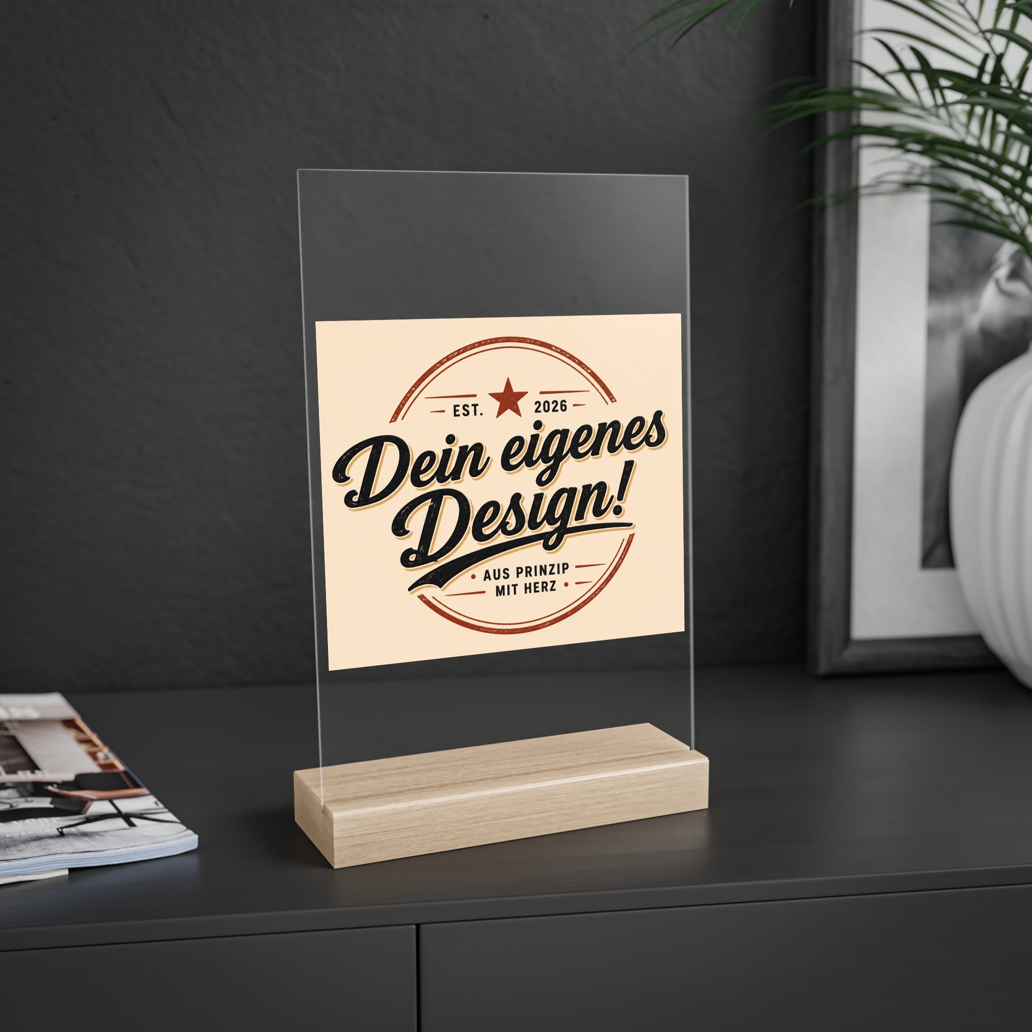 Acrylic Desk Sign with Wooden Stand – Customizable Display Plaque (Dein eigenes Design!)