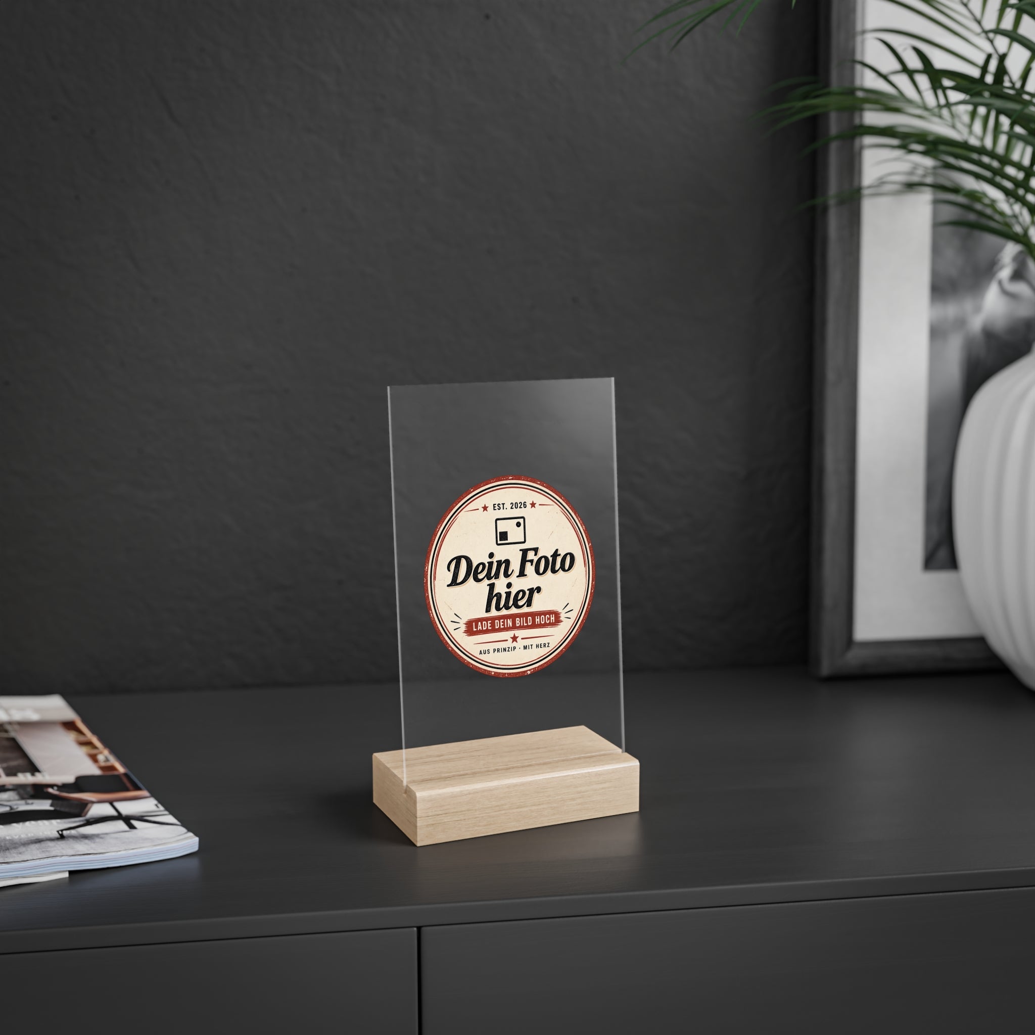 Personalized Table Sign with Photo – Engraved Acrylic Sign with Wooden Stand