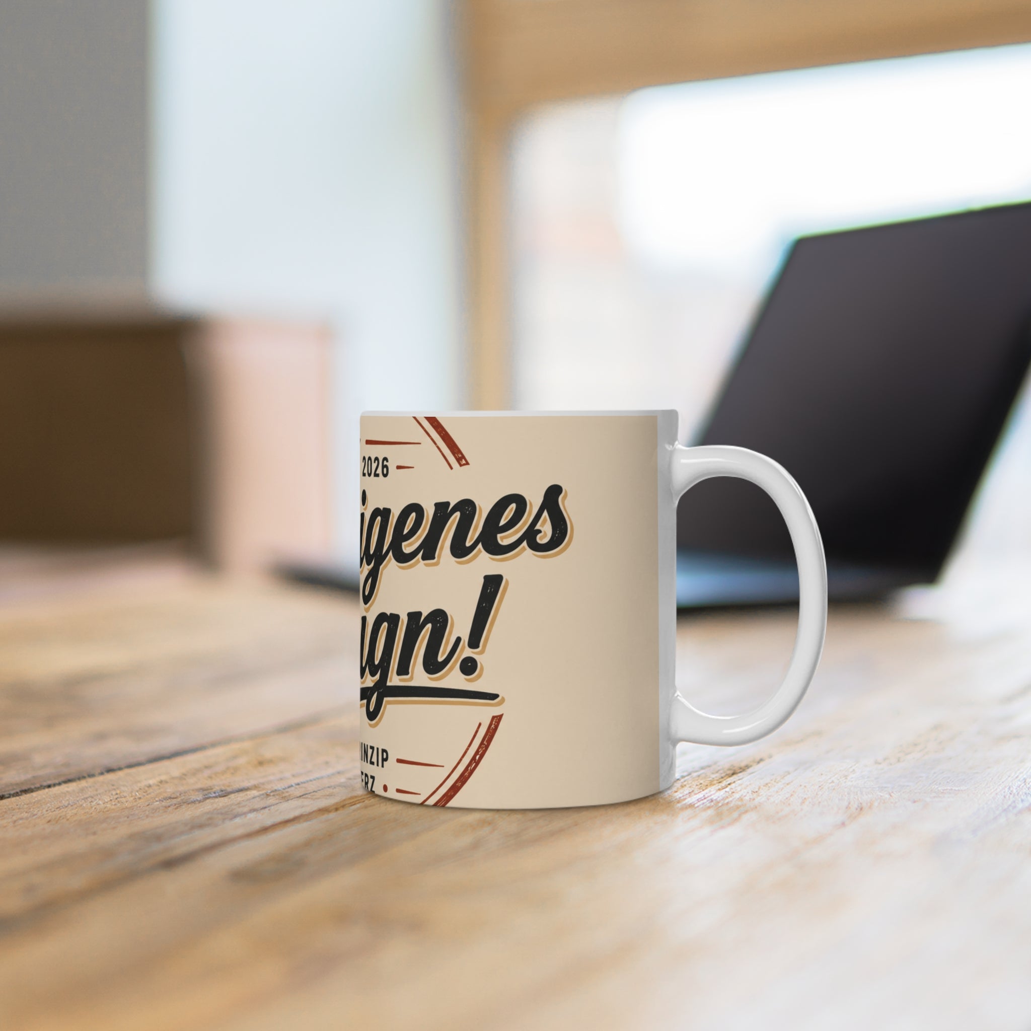 Ceramic Mug — Vintage Badge Design with German Text ‘Mein eigenes Design’ (Styled Est. 2026)