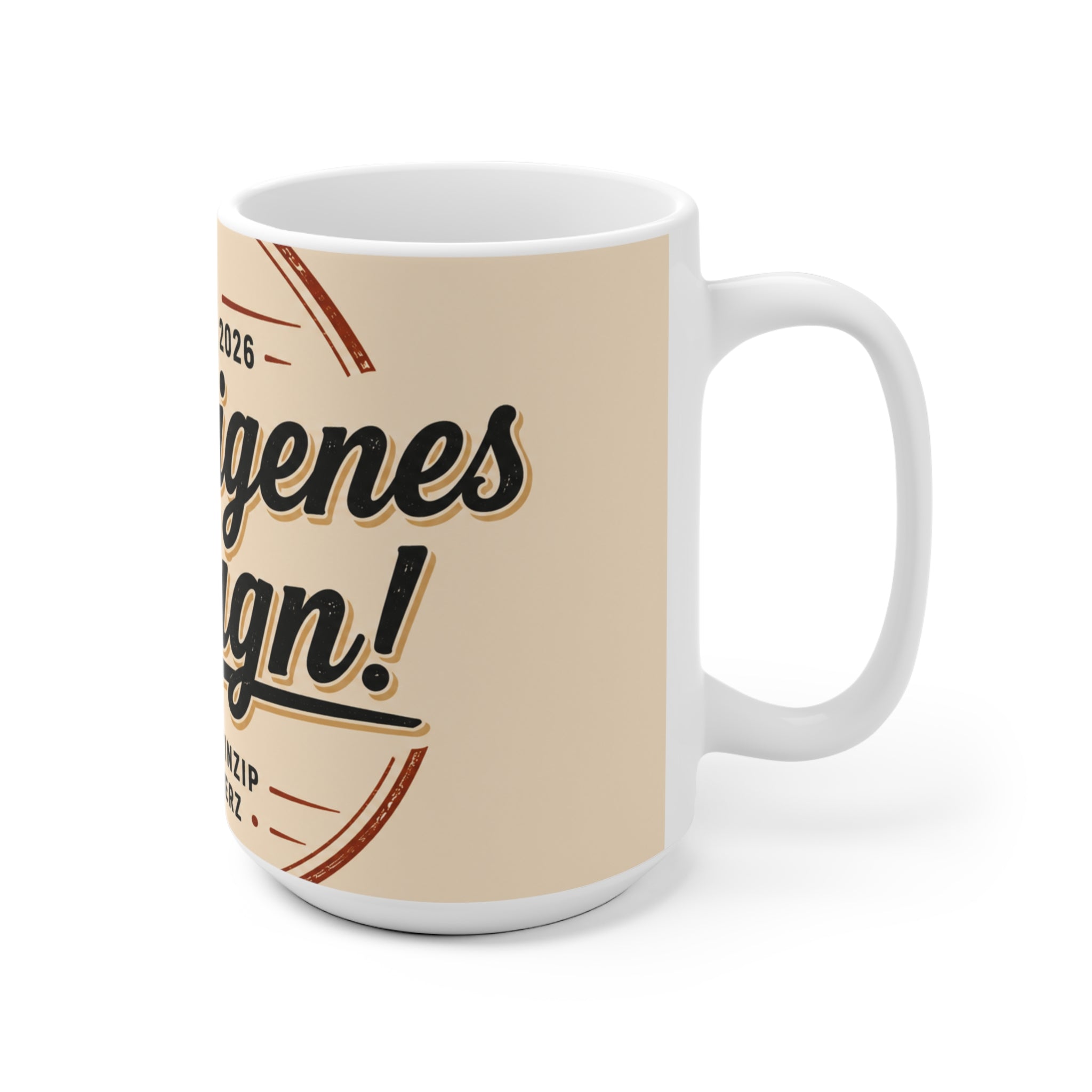 Ceramic Mug — Vintage Badge Design with German Text ‘Mein eigenes Design’ (Styled Est. 2026)