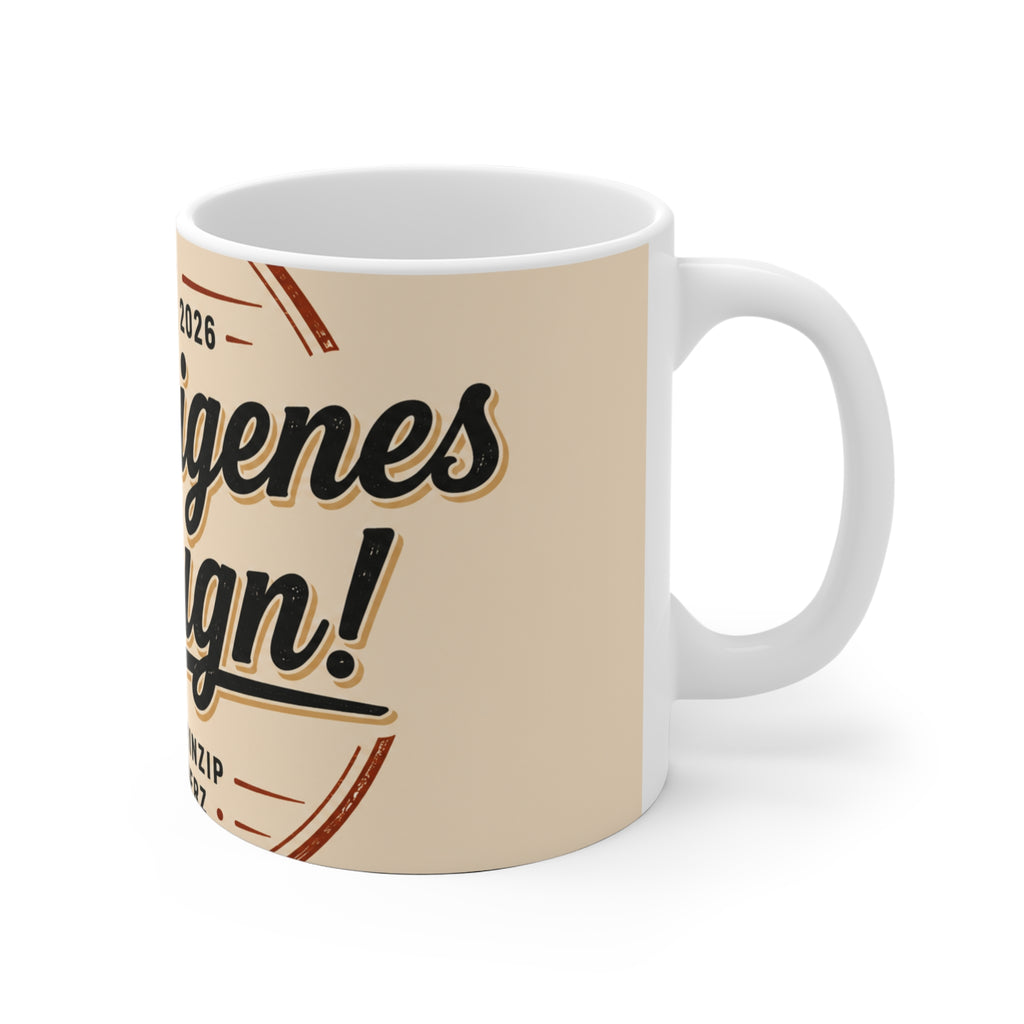 Ceramic Mug — Vintage Badge Design with German Text ‘Mein eigenes Design’ (Styled Est. 2026)