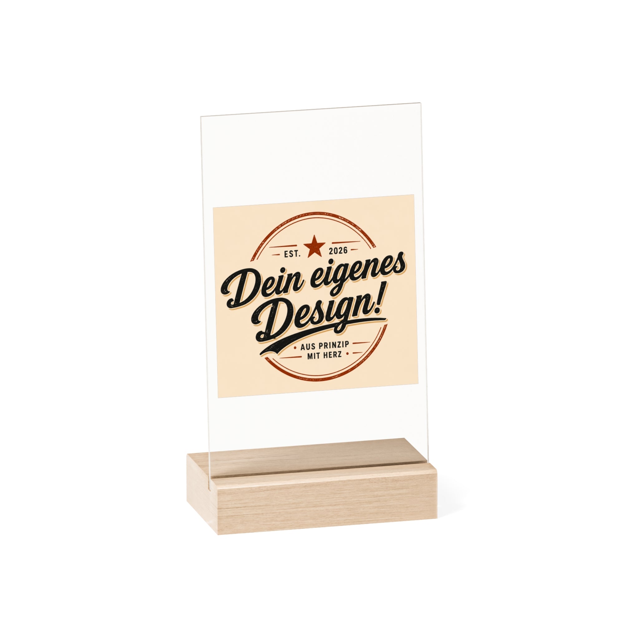 Acrylic Desk Sign with Wooden Stand – Customizable Display Plaque (Dein eigenes Design!)