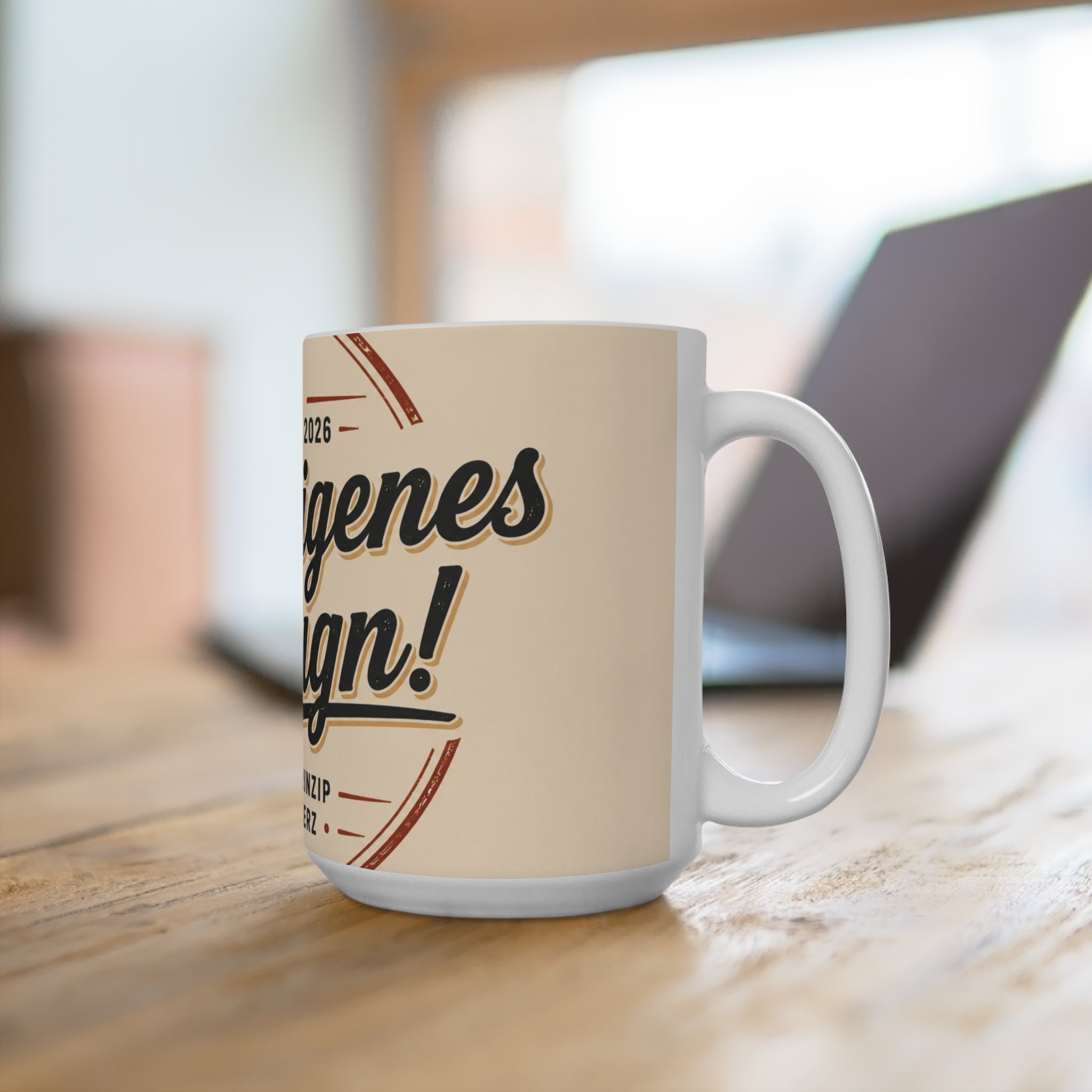 Ceramic Mug — Vintage Badge Design with German Text ‘Mein eigenes Design’ (Styled Est. 2026)